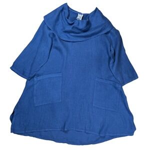 Match Point Linen Cowl Neck Tunic Women Medium Blue Pockets 3/4 Sleeve Lagenlook